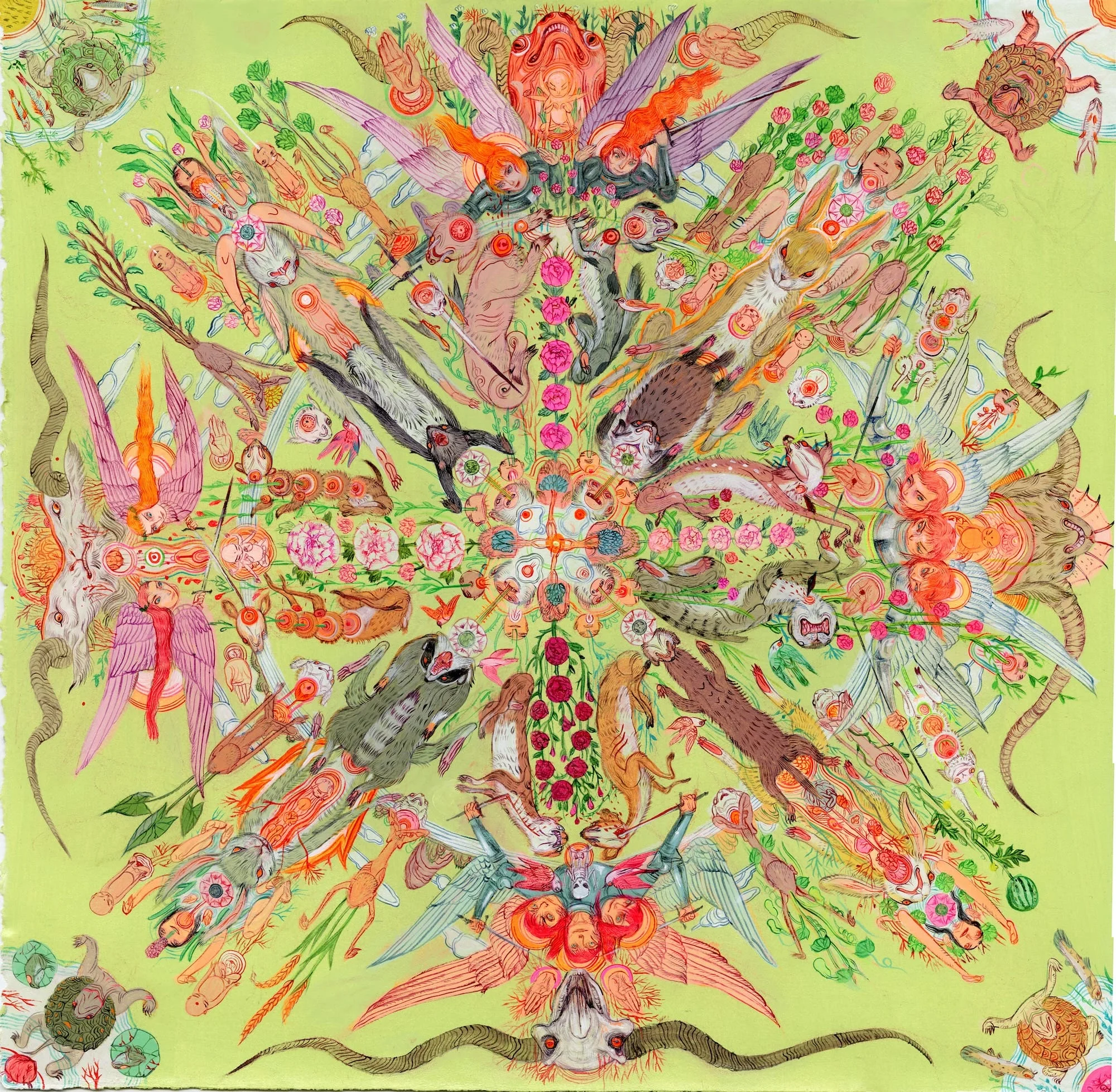 an abstract, mandala-like painting in vibrant colors featuring numerous figures, animals, and shapes