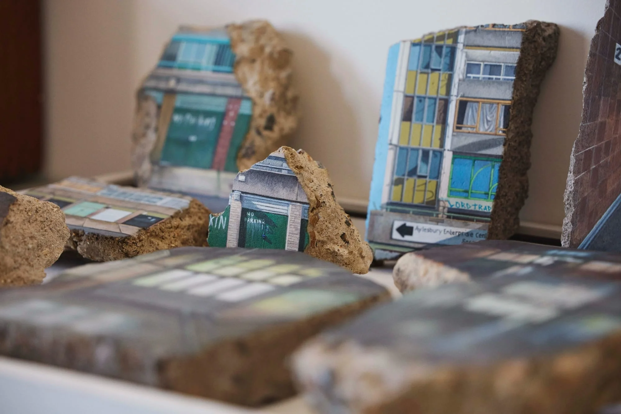 a collection of a concrete fragments with paintings of housing structures
