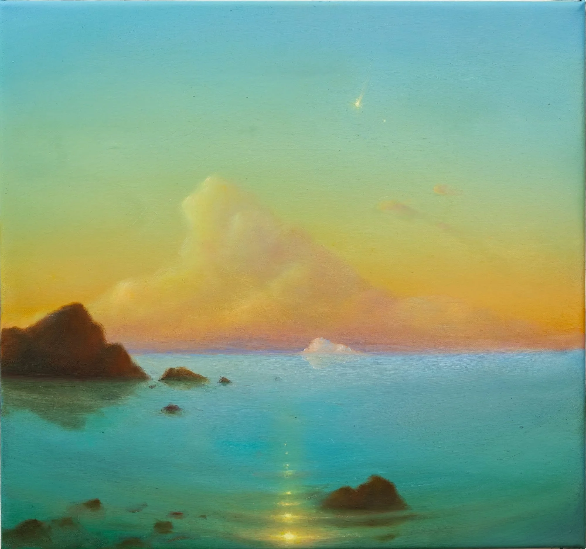 a landscape painting of a sea with rocks and glowing clouds at sunrise