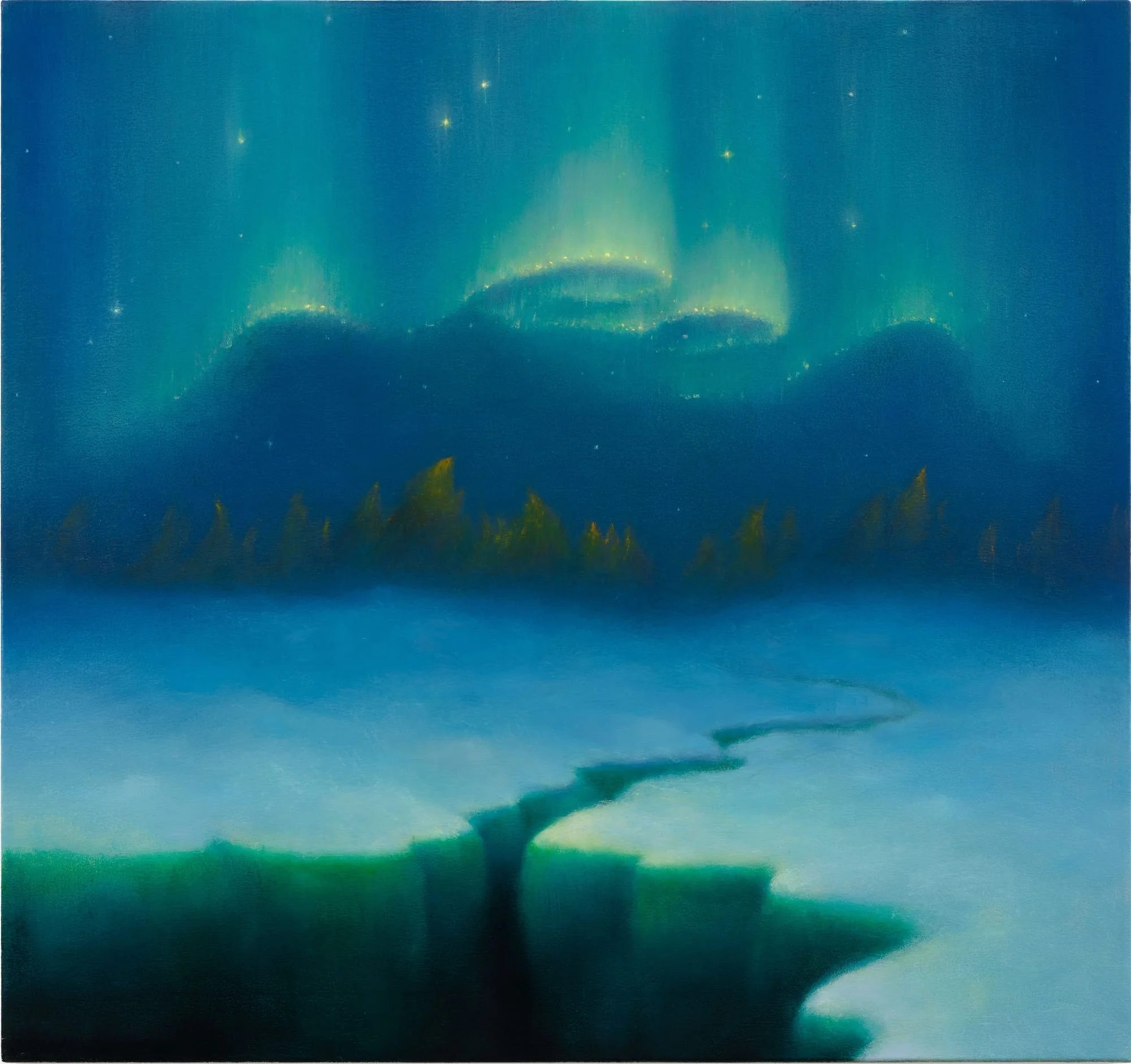 a landscape painting of a glacier with a large crack in it, a forest in the background, and the northern lights above