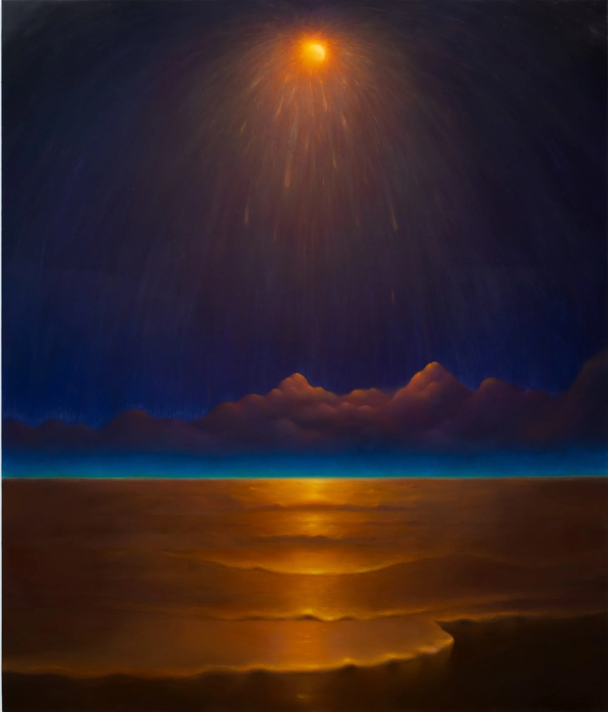 a seascape painting with clouds in the distance and a glowing moon reflecting on the water and seemingly shooting sparkles