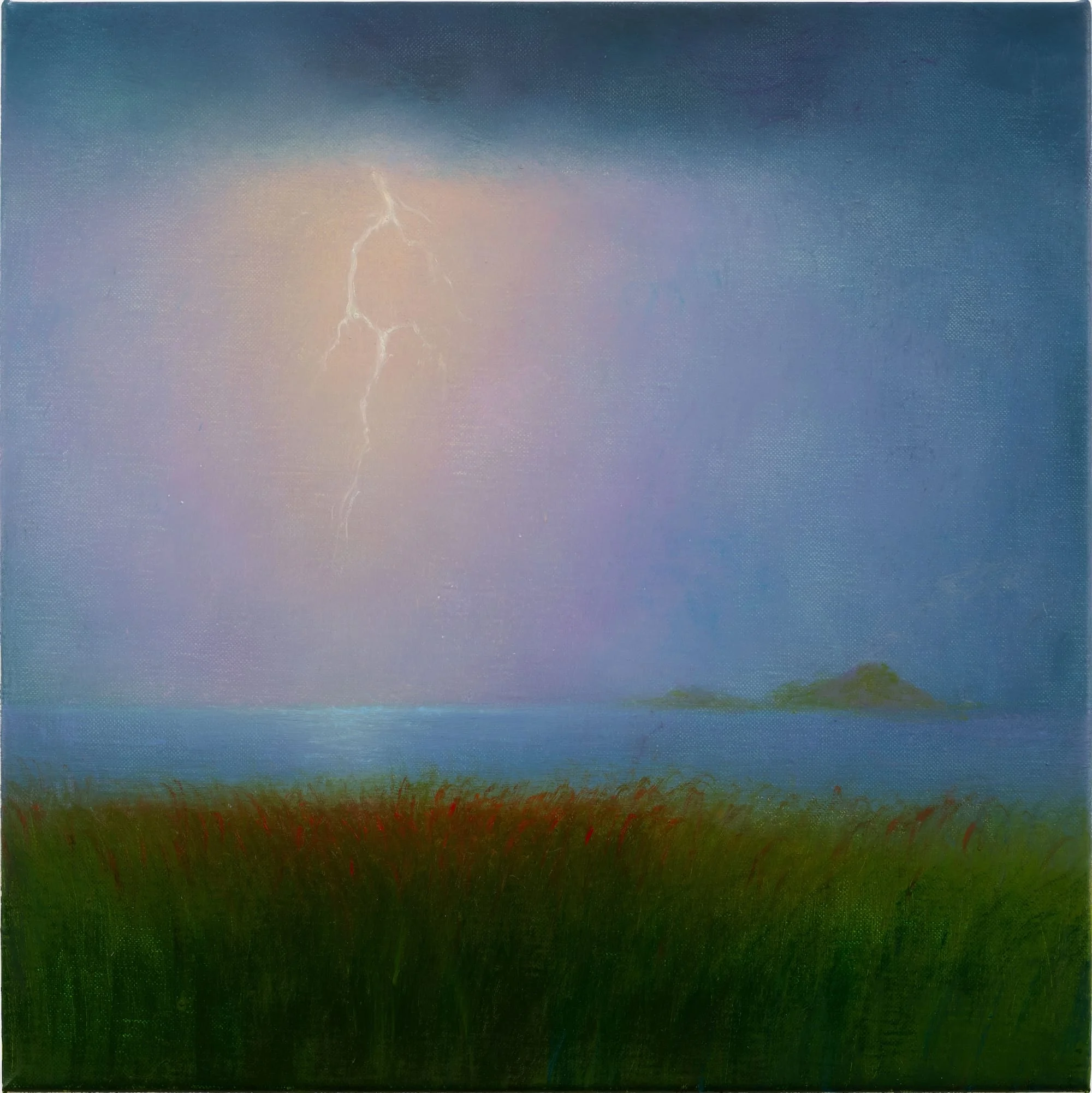 a diffused painting of lightning striking a landscape
