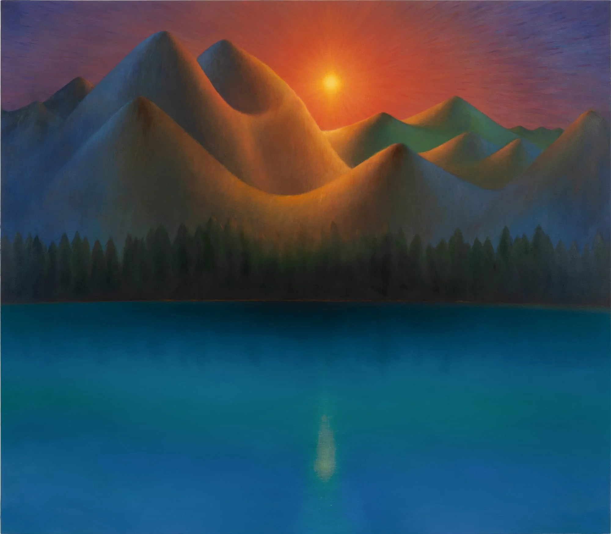 a landscape painting of mountains rising above a forest, illuminated by a red sun or moon seen over a glacial lake