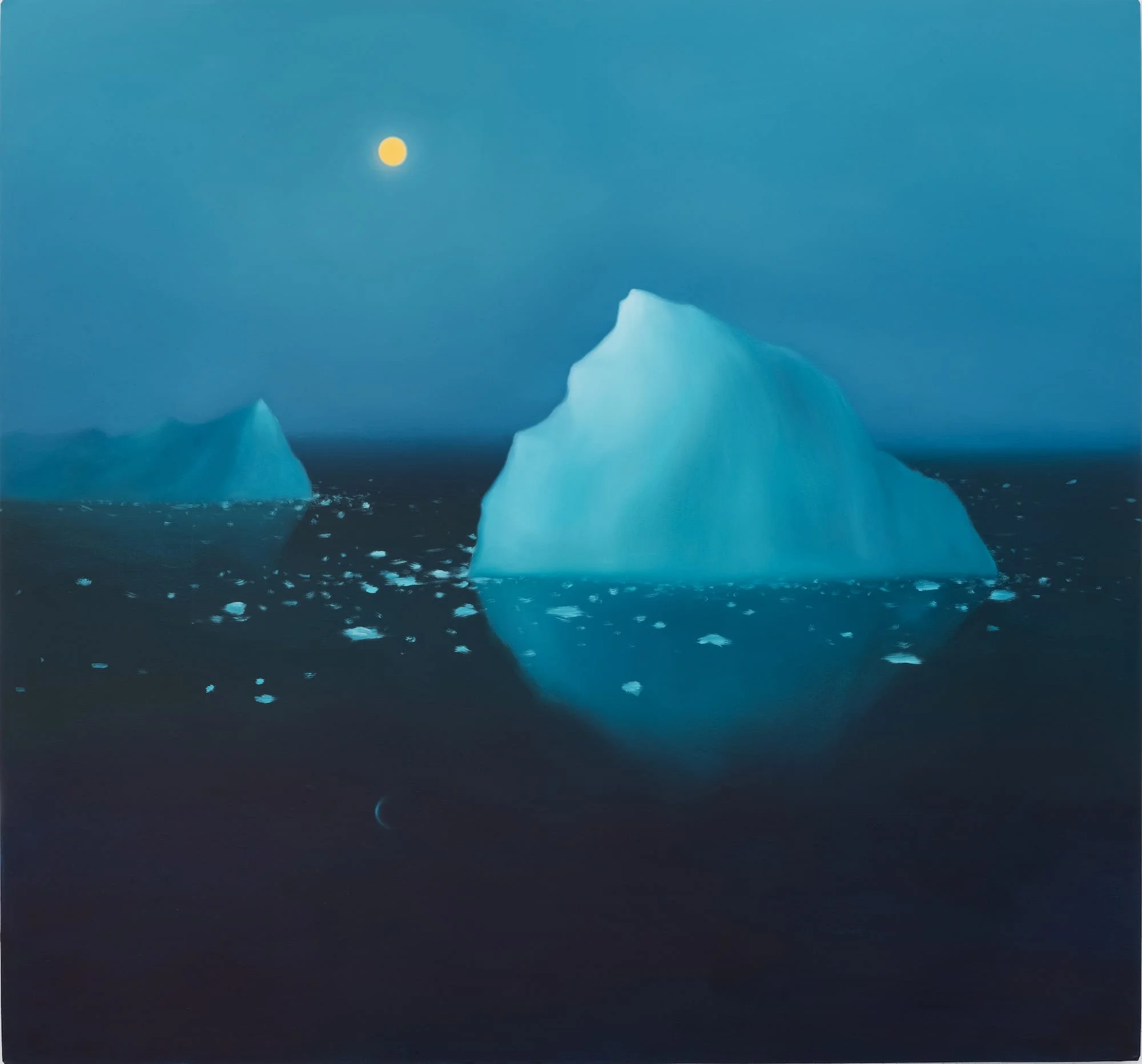 a landscape painting of icebergs in a dark sea beneath a moon