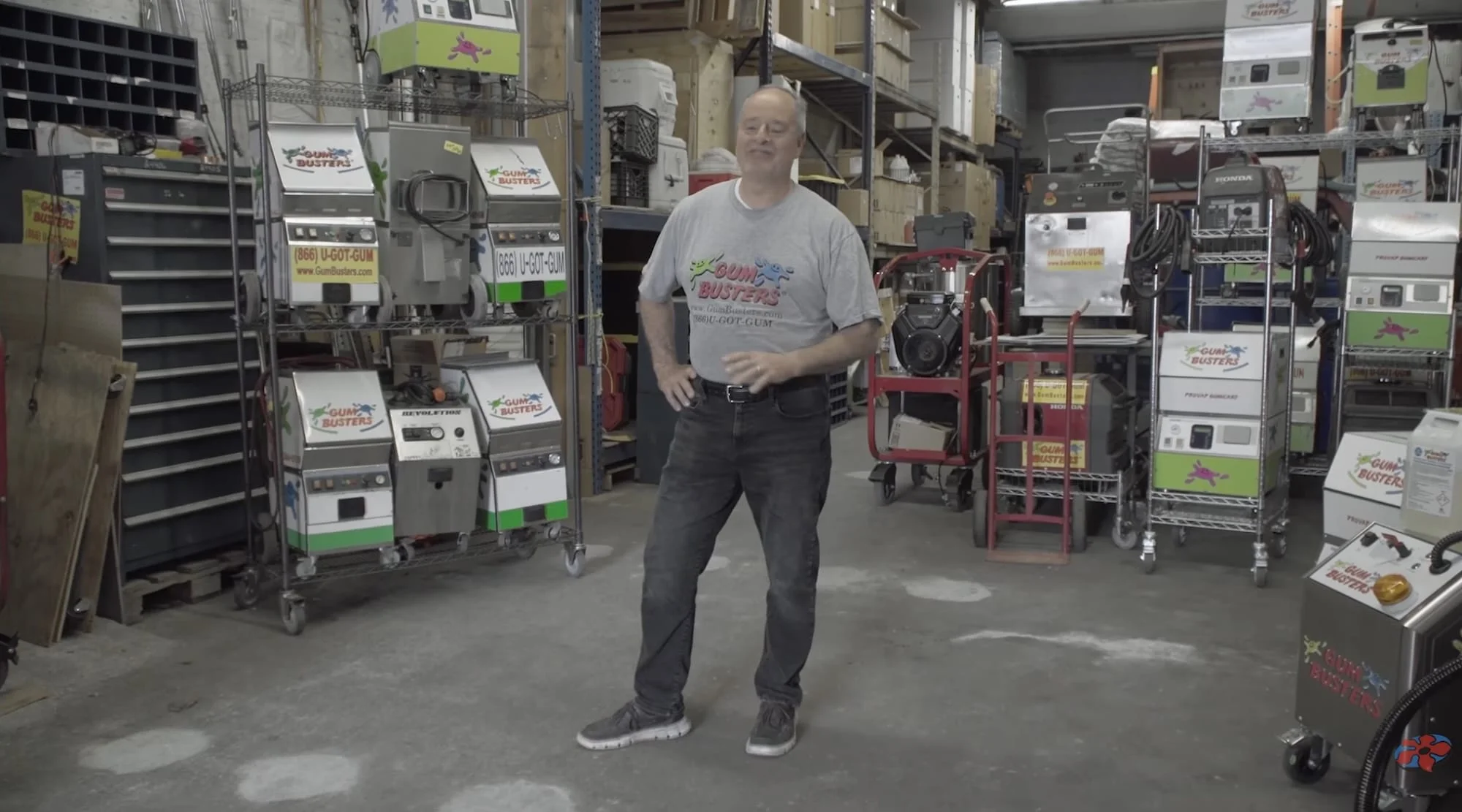 A still from the movie 'The History of Concrete' featuring a company called Gum Busters